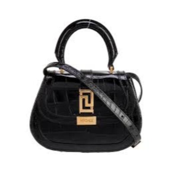 Versace Handbags - Versace Greca Goddess Croc-Embossed Top Handle Mini Bag in Black Calfskin
